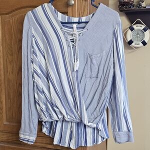 Xhilaration Blue and White Striped Lace Up Blouse
